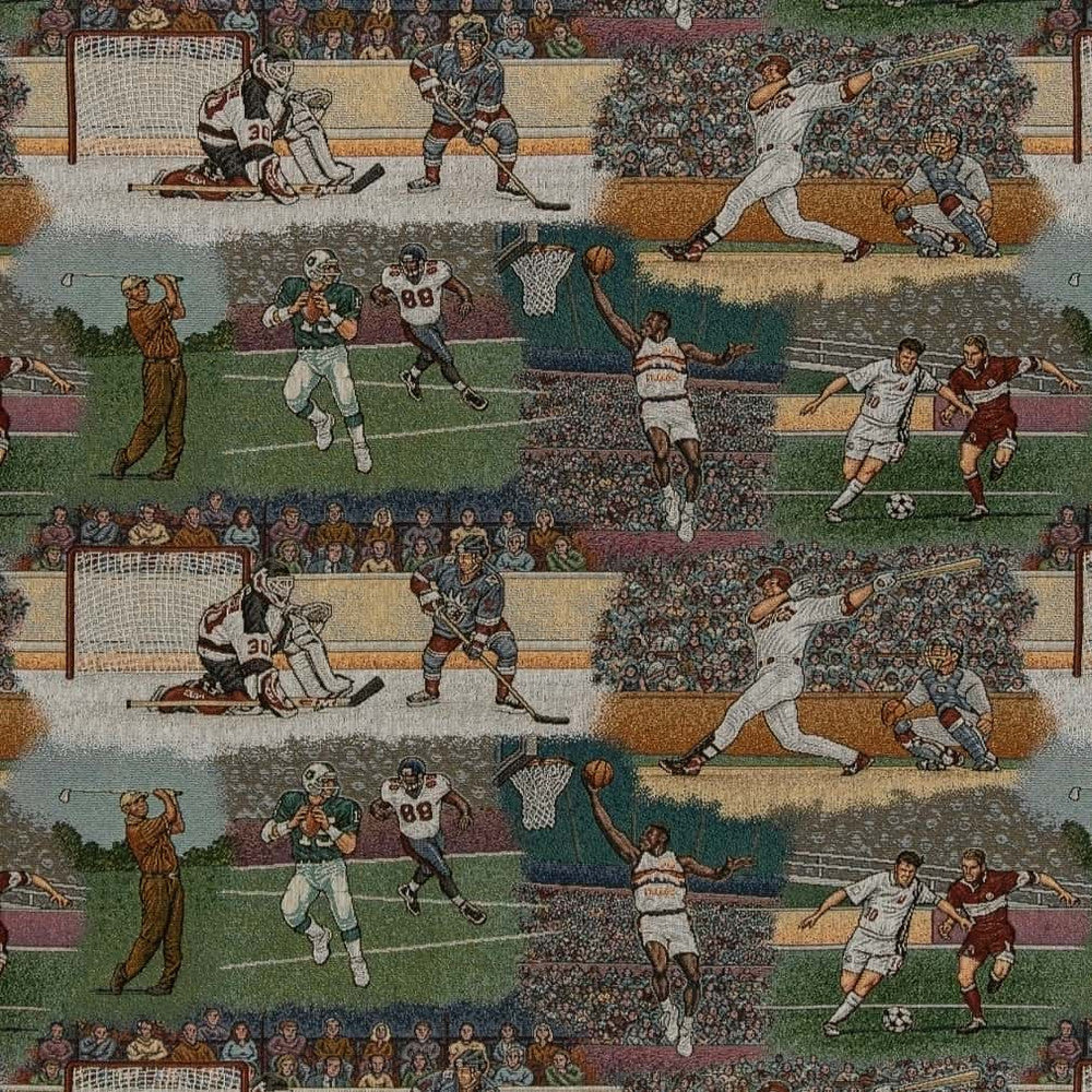 D2681 Sports by Charlotte Designer Fabric Novelty Tapestry 62% Cotton, 38% Polyester USA Exceeds 100,000 Wyzenbeek Rubs </p><p>Repeat: Horizontal 29" x Vertical 14" 54 Inches - Swanky Fabrics -