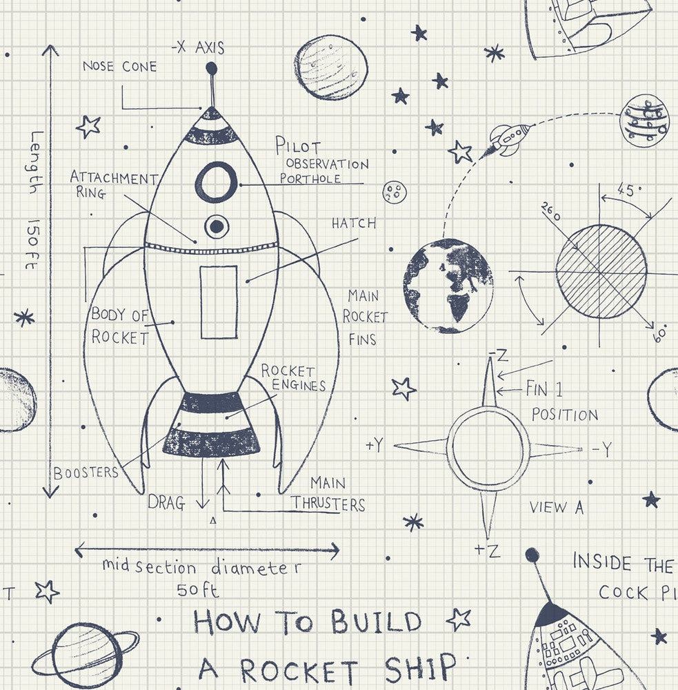 Rocket Ship White and Midnight Blue DA60700 by Seabrook Designs Designer Wallpaper