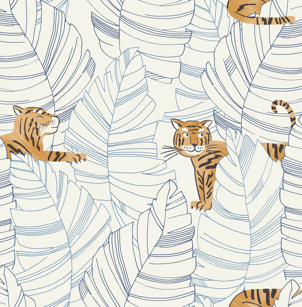 Hiding Tigers Sky Blue and Orange DA61202 by Seabrook Designs Designer Wallpaper