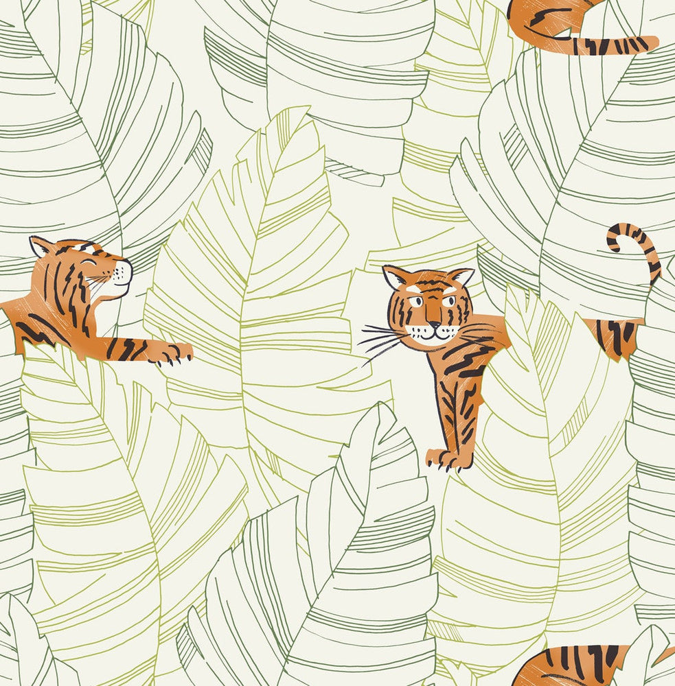 Hiding Tigers Green and Orange DA61204 by Seabrook Designs Designer Wallpaper