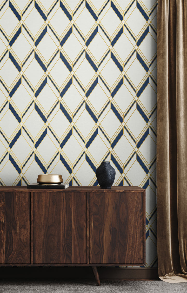 Brooklyn Diamond Metallic Gold & Navy DC60502 by Collins & Company Designer Wallpaper