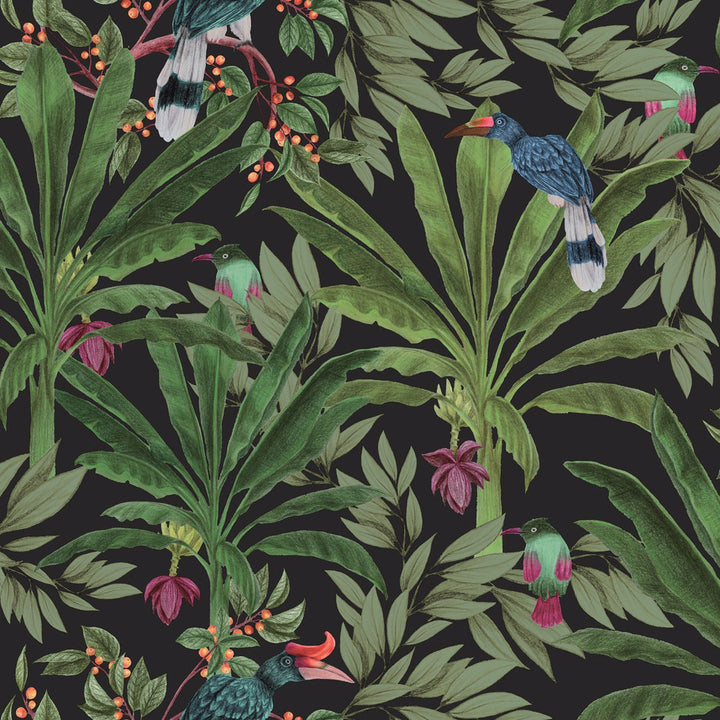 Carola Black Jungle Tropics Wallpaper by ESTA Home Designer Design Department Covers about 57.5 square feet 20.9-in by 33-ft long roll Unpasted 20.9 - Swanky Fabrics -