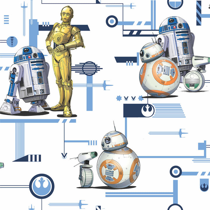 Star Wars: The Rise of Skywalker, Droids! Blue & Gold Wallpaper by York Wallcoverings Designer Disney Kids Vol. 4 Covers about 56.4 square feet 20.5-in by 33-ft long roll Unpasted 20.5 - Swanky Fabrics -