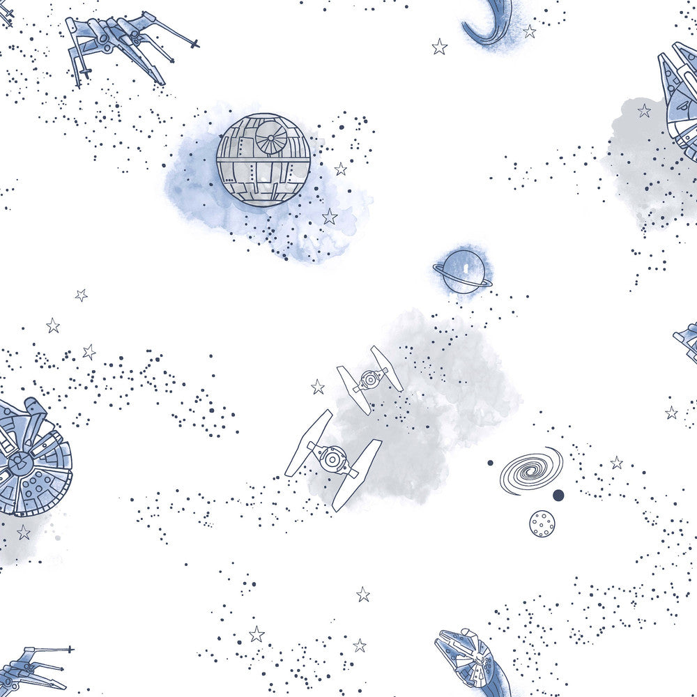 Star Wars: Good Night Galaxy Blue Wallpaper by York Wallcoverings Designer Disney Kids Vol. 4 Covers about 56.4 square feet 20.5-in by 33-ft long roll Unpasted 20.5 - Swanky Fabrics -