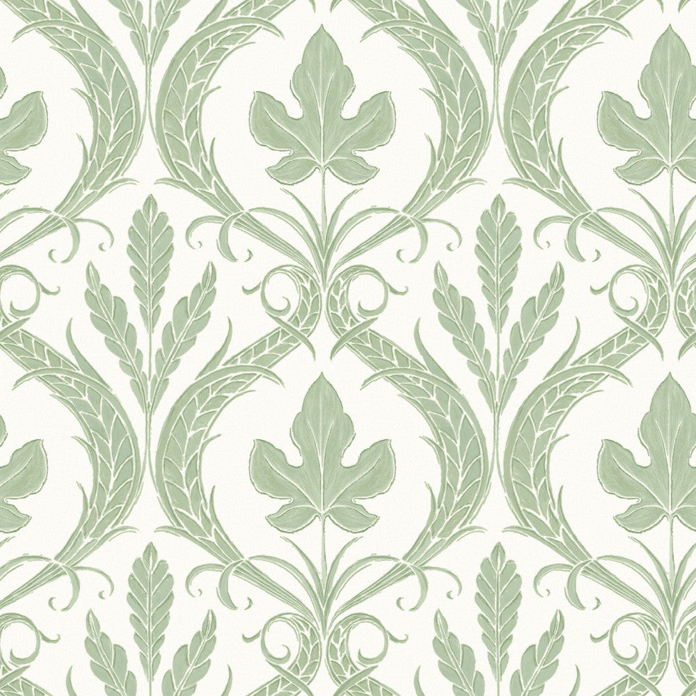 Adirondack Damask Green & White Wallpaper by York Wallcoverings Designer Damask Resource Library Covers about 56.4 square feet 20.5-in by 33-ft long roll Prepasted 20.5 - Swanky Fabrics -