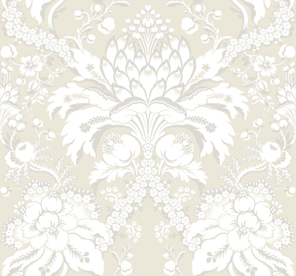 Artichoke Dam Beige & Gold Wallpaper by York Wallcoverings Designer Damask Resource Library Covers about 60.8 square feet 27-in by 27-ft long roll Prepasted 25.25 - Swanky Fabrics -