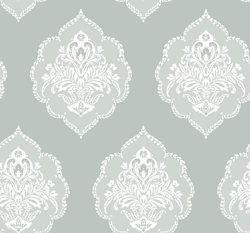 Signet Medallion Damask Green Wallpaper by York Wallcoverings Designer Earthy Tones Covers about 60.8 square feet 27-in by 27-ft long roll Prepasted 25.25 - Swanky Fabrics -