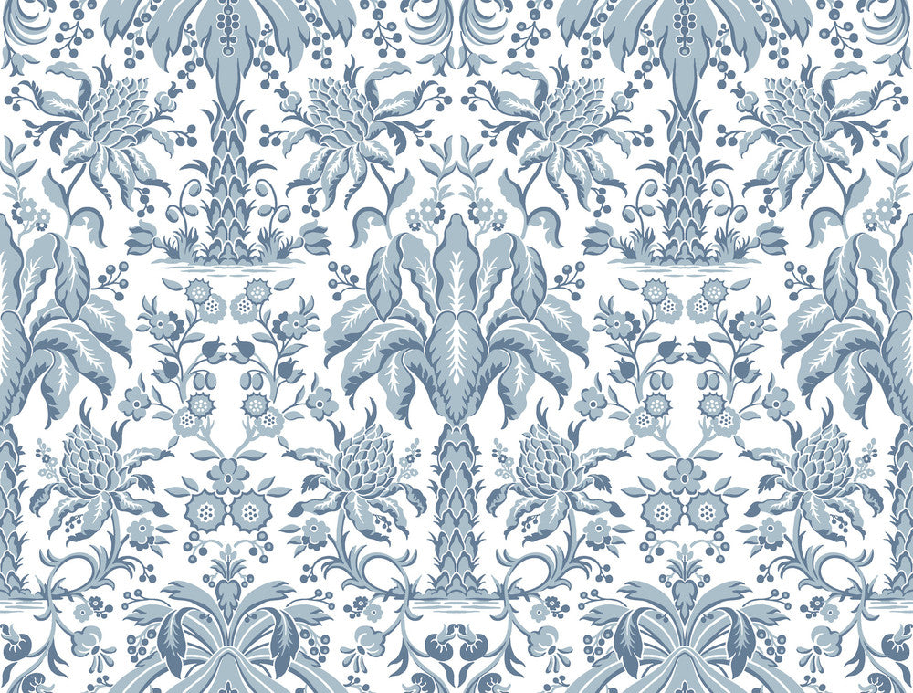 Palmetto Palm Damask Blue Wallpaper by York Wallcoverings Designer Damask Resource Library Covers about 60.8 square feet 27-in by 27-ft long roll Unpasted 20.5 - Swanky Fabrics -