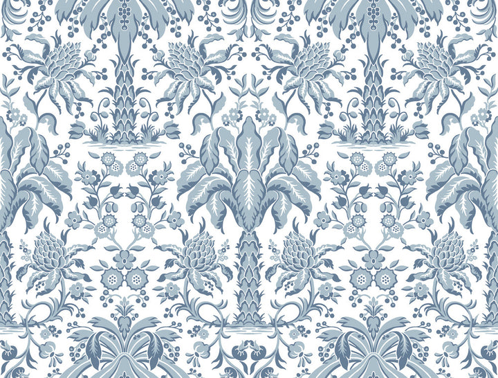 Palmetto Palm Damask Blue Wallpaper by York Wallcoverings Designer Damask Resource Library Covers about 60.8 square feet 27-in by 27-ft long roll Unpasted 20.5 - Swanky Fabrics -