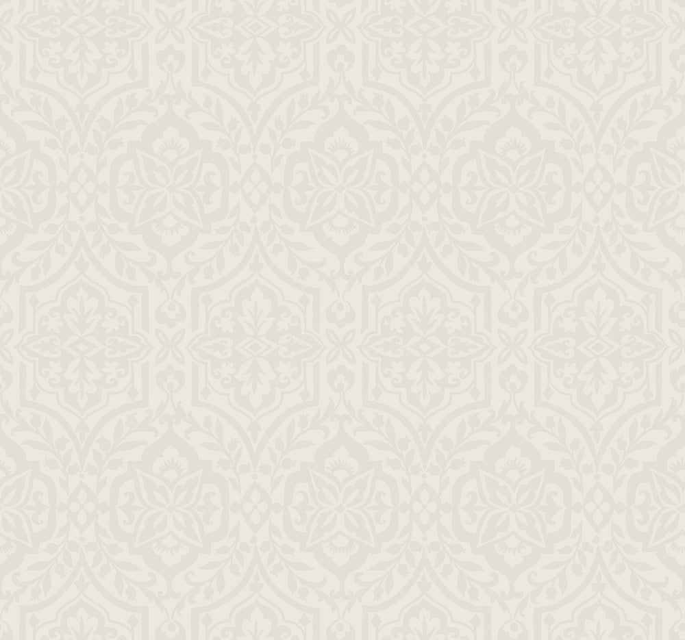 Catherdral Damask Taupe Wallpaper by York Wallcoverings Designer Damask Resource Library Covers about 60.8 square feet 27-in by 27-ft long roll Prepasted 25.25 - Swanky Fabrics -