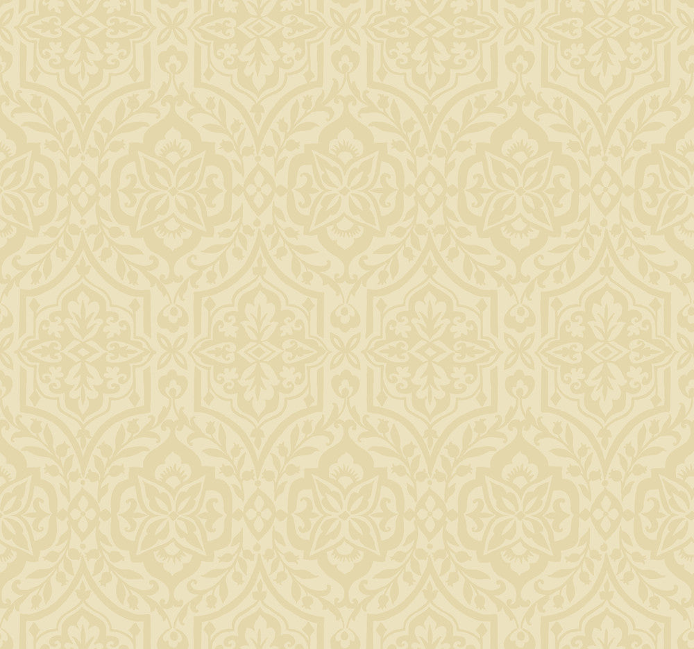 Cathedral Damask Gold Wallpaper by York Wallcoverings Designer Damask Resource Library Covers about 60.8 square feet 27-in by 27-ft long roll Prepasted 25.25 - Swanky Fabrics -