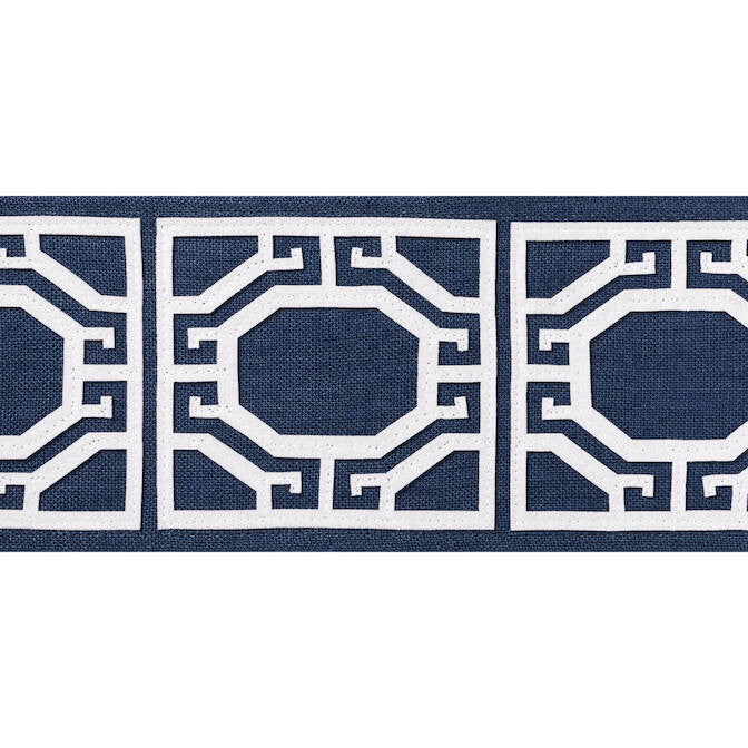 Gate Applique Tape Navy E12005 by Thibaut Fabric Thibaut Fabric Gate Applique Tape Navy E12005Fabric Tapes & Trims Volume 1 80% Linen, 20% Polyester INDIA </p><p>Repeat: V: 4.12 3.87 - Fabric Carolina -
