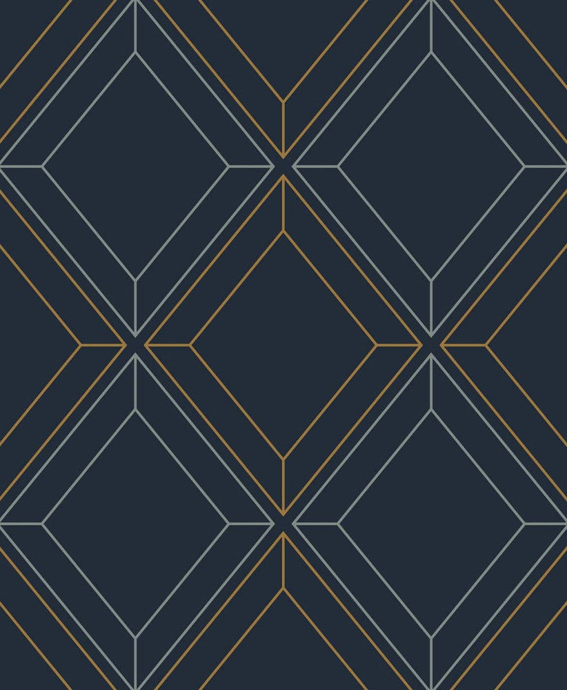 Linework Gem Midnight Blue & Metallic Gold ET11602 by Etten Studios Designer Wallpaper