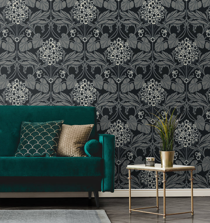 Floral Hydrangea Ebony & Charcoal ET12120 by Etten Studios Designer Wallpaper