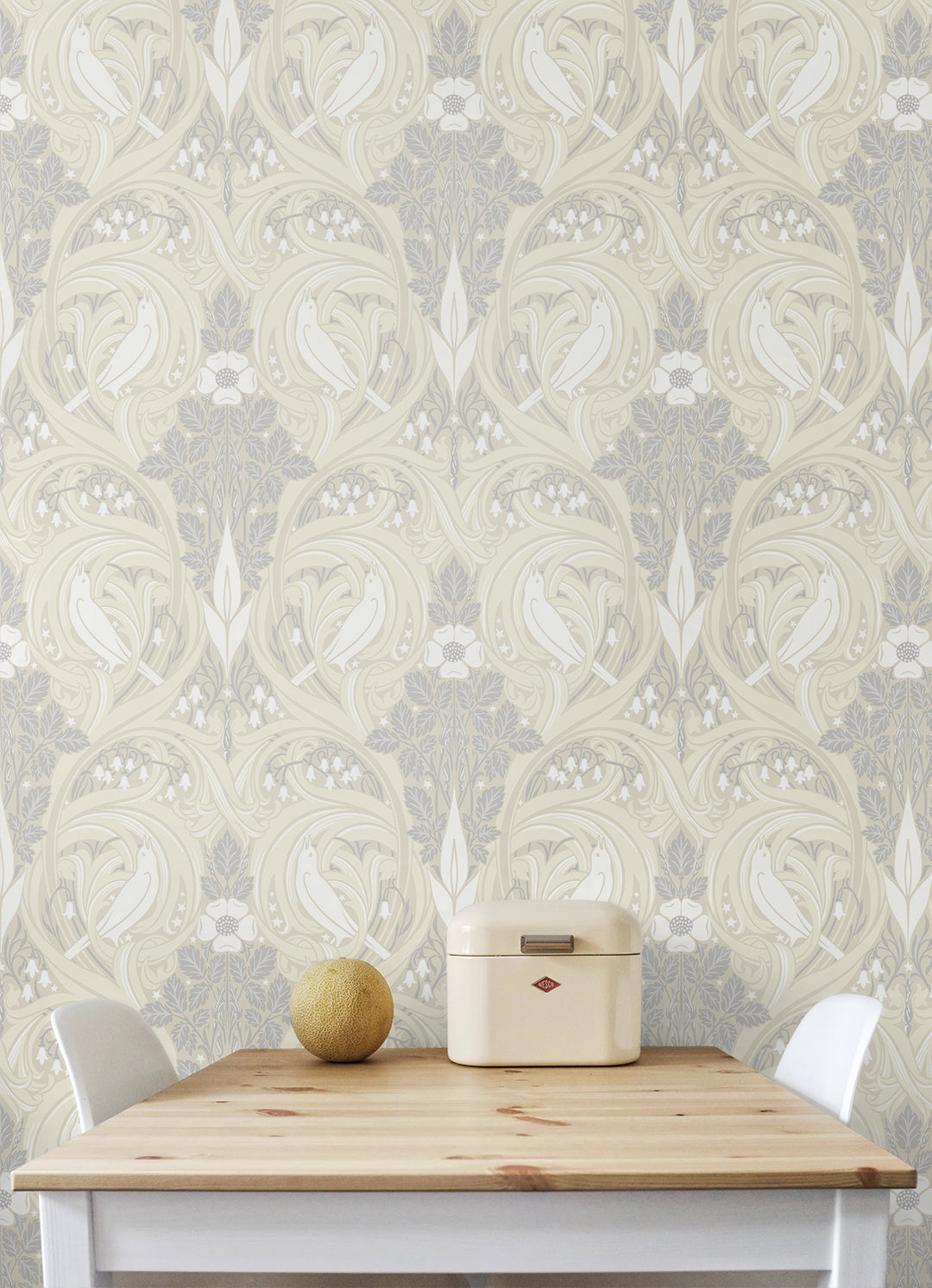 Bird Scroll Swiss Coffee & Grey ET12205 by Etten Studios Designer Wallpaper