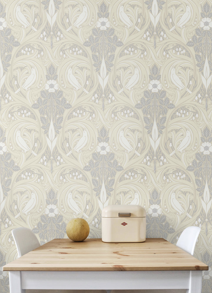 Bird Scroll Swiss Coffee & Grey ET12205 by Etten Studios Designer Wallpaper