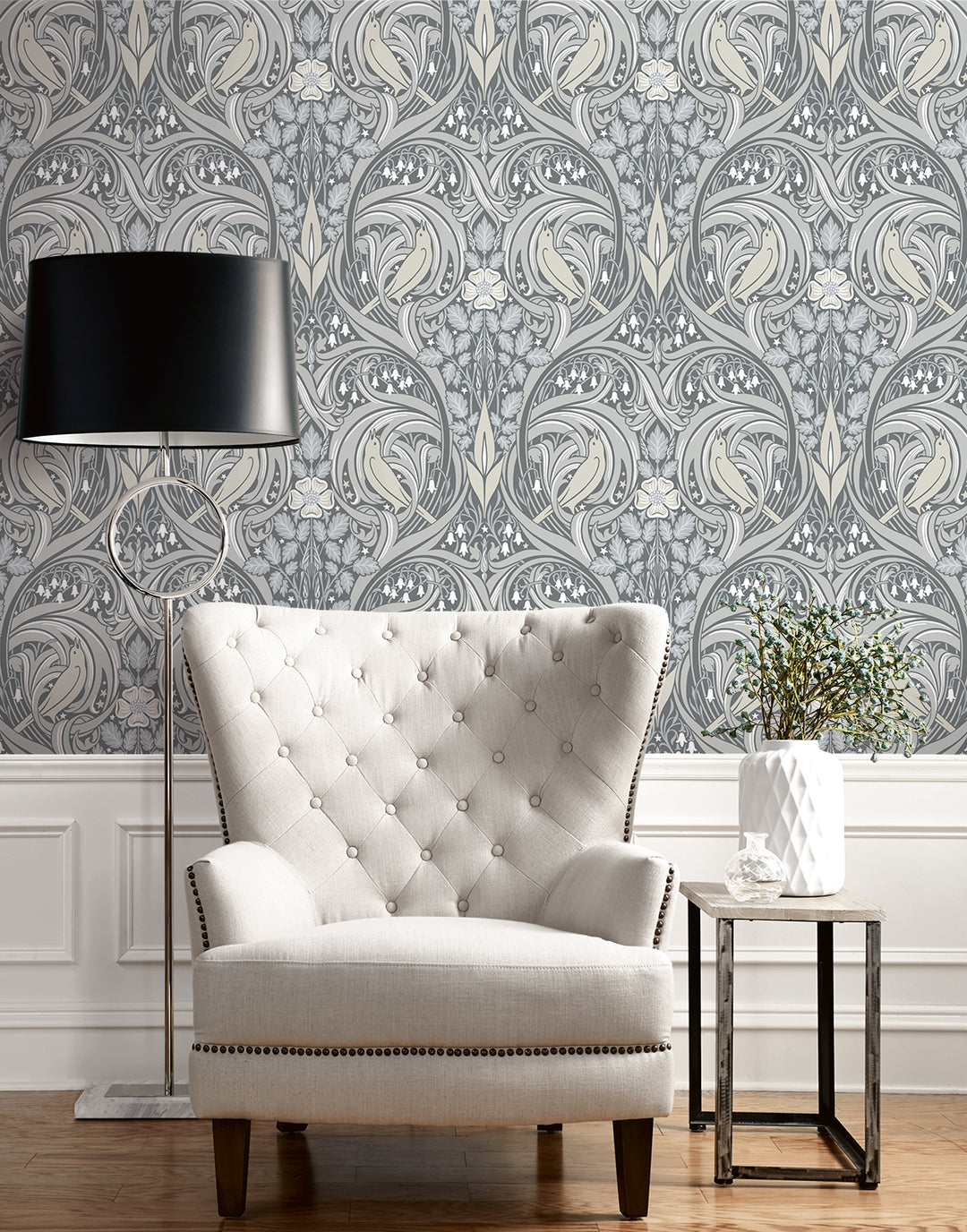 Bird Scroll Argos Grey & Linen ET12210 by Etten Studios Designer Wallpaper