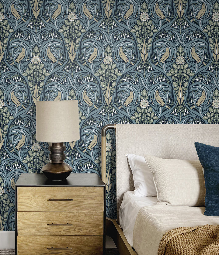 Bird Scroll Navy & Beige ET12212 by Etten Studios Designer Wallpaper
