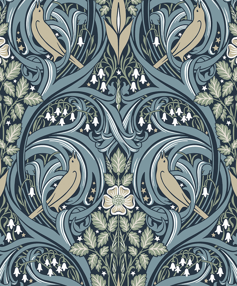 Bird Scroll Navy & Beige ET12212 by Etten Studios Designer Wallpaper