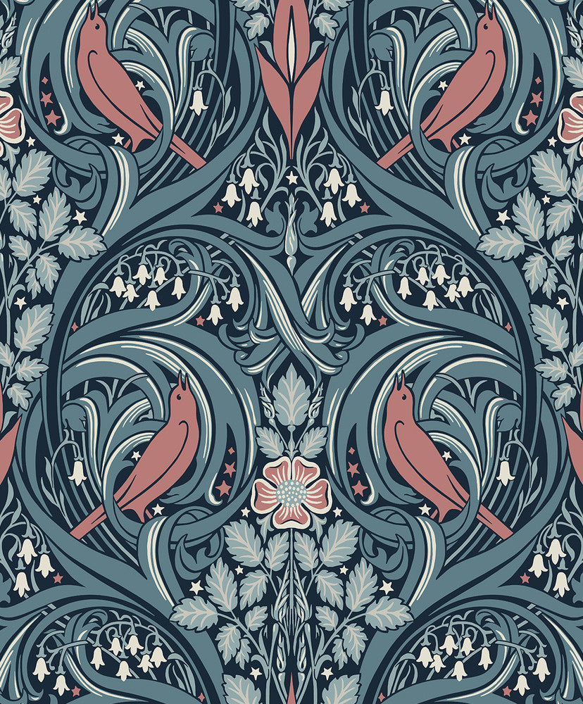 Bird Scroll Aegean Teal & Coral ET12222 by Etten Studios Designer Wallpaper