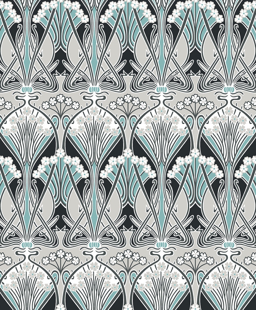 Dragonfly Damask Ebony & Aqua ET12404 by Etten Studios Designer Wallpaper