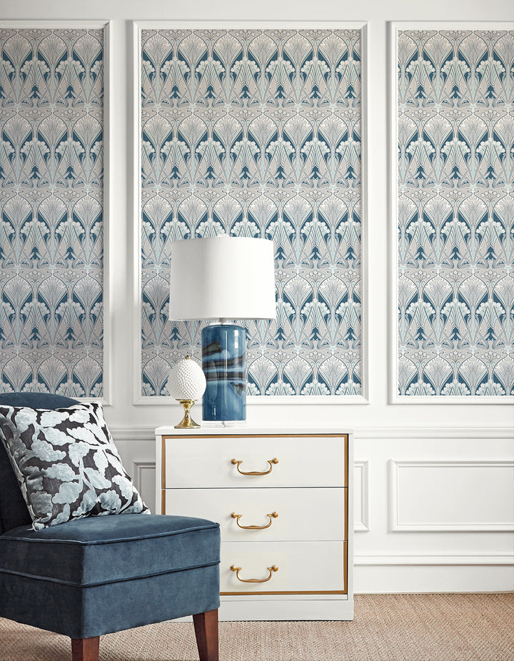 Dragonfly Damask Aegean Blue & Dewdrop ET12414 by Etten Studios Designer Wallpaper