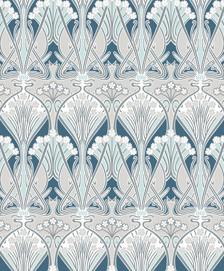 Dragonfly Damask Aegean Blue & Dewdrop ET12414 by Etten Studios Designer Wallpaper