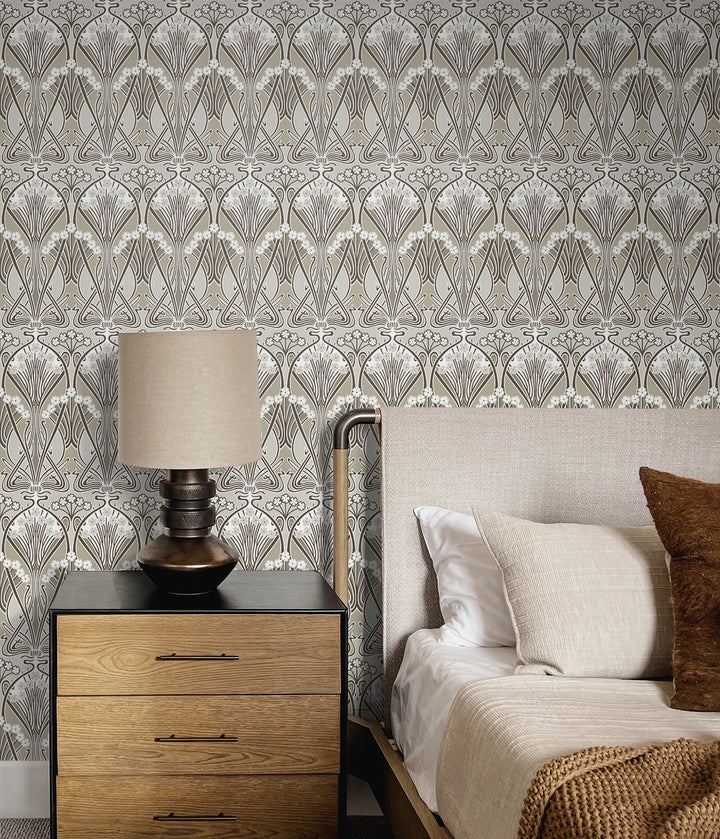Dragonfly Damask Warm Pewter ET12416 by Etten Studios Designer Wallpaper