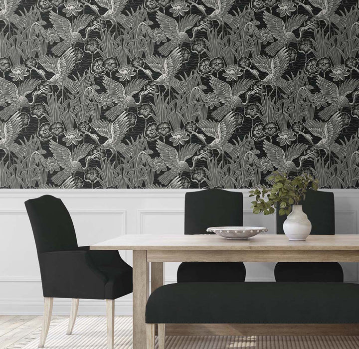 Marsh Cranes Midnight EW11000 by Seabrook Designs Designer Wallpaper