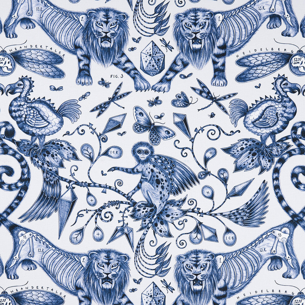 Extinct Blue by Clarke And Clarke Designer Fabric ANIMALIA BY EMMA J SHIPLEY FOR C&C COTTON - 100% United Kingdom HEAVY Horizontal: 27.17 and Vertical: 22.24 54 - Swanky Fabrics -