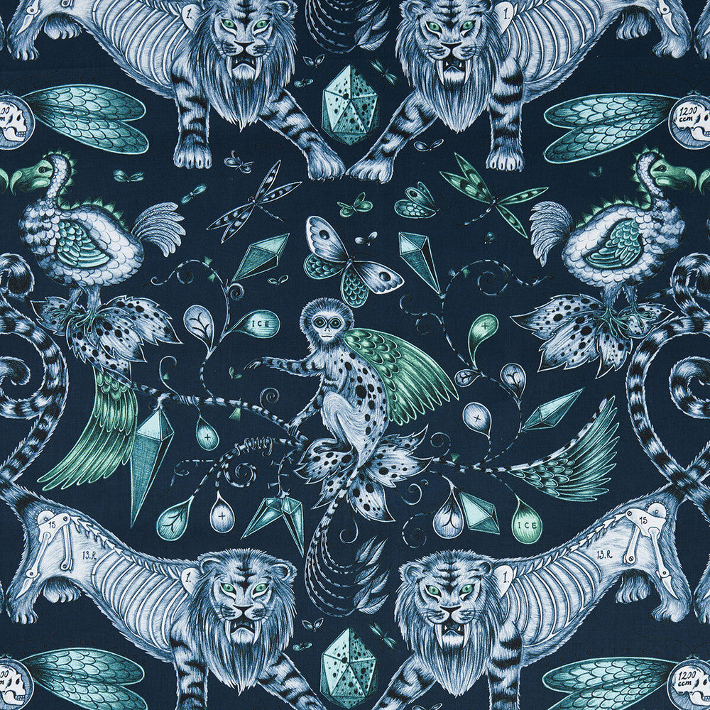 Extinct Navy by Clarke And Clarke Designer Fabric ANIMALIA BY EMMA J SHIPLEY FOR C&C COTTON - 100% United Kingdom HEAVY Horizontal: 27.17 and Vertical: 22.24 54 - Swanky Fabrics -
