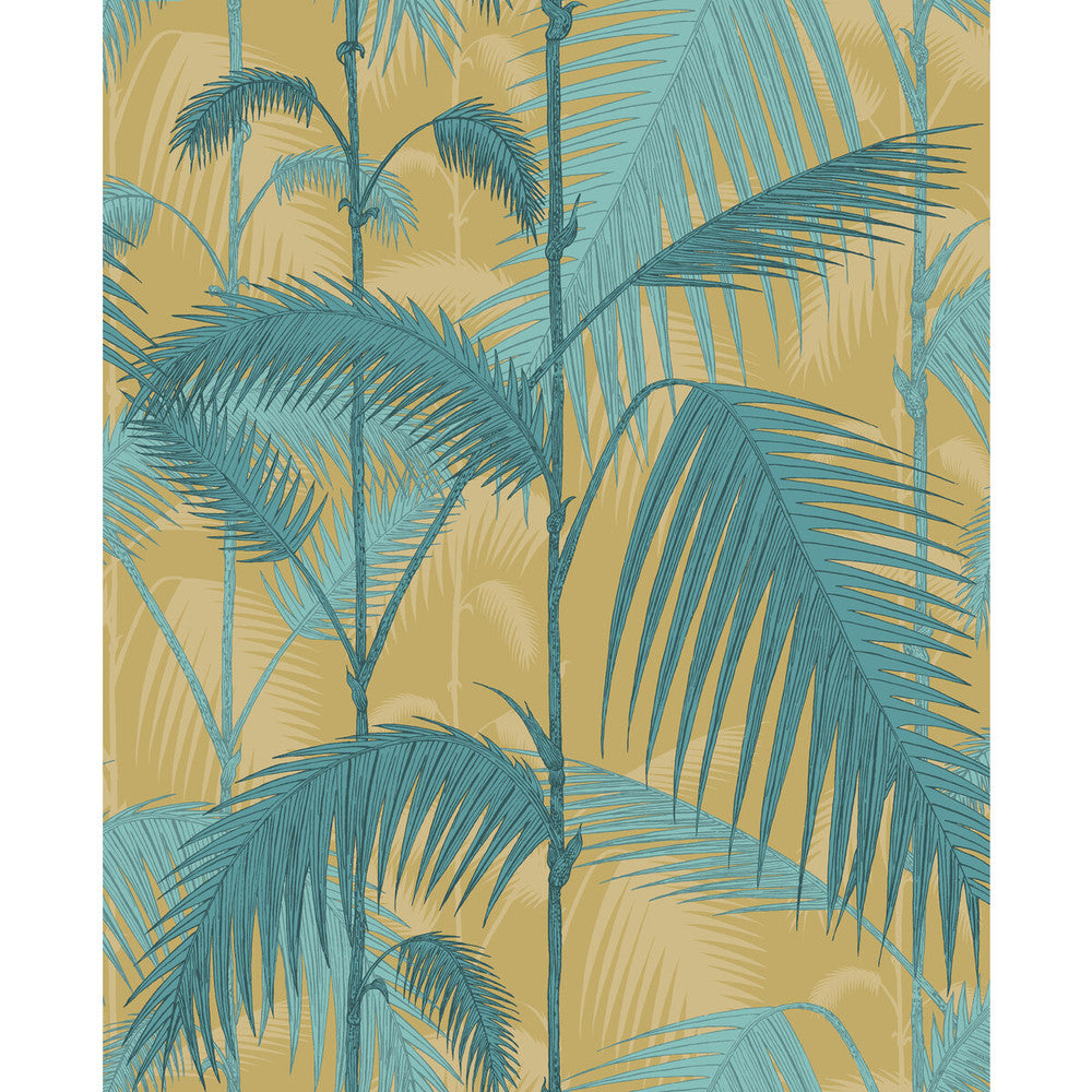 Palm Jungle Orchre & Petrol by Cole & Son Designer Fabric COLE & SON CONTEMPORARY FABRICS LINEN - 61%;COTTON - 29%;NYLON - 10% United Kingdom HEAVY Horizontal: 17.7 and Vertical: 22 53 - Swanky Fabrics -