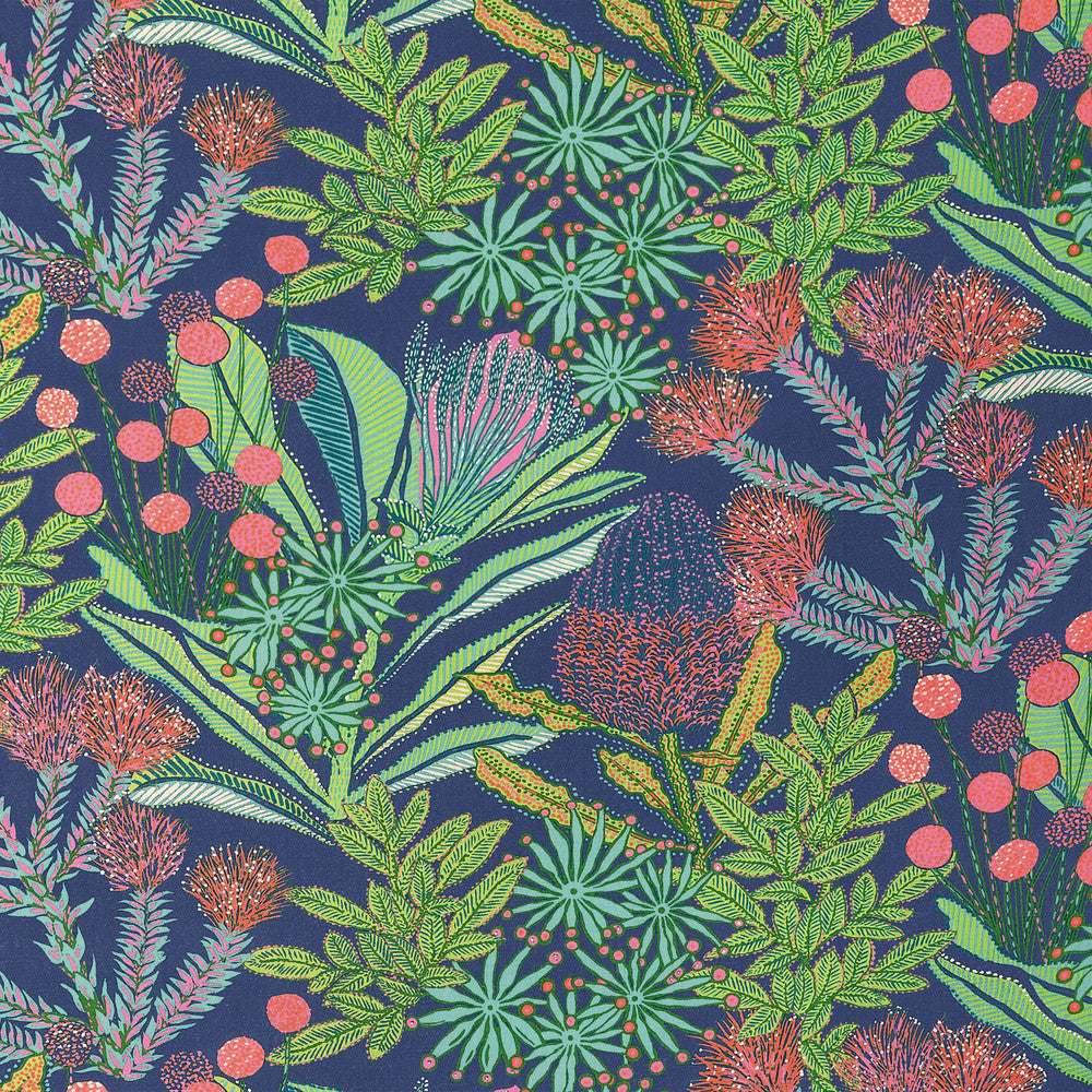 Protea Print Navy F81764  by Thibaut Fabric Thibaut Fabric Protea Print Navy F81764 Fabric SOLEIL U.S.A </p><p>Repeat: H: 27 in (68.58 cm), V: 25.25 (64.14 cm) 54 in  (137.16 cm) - Fabric Carolina -