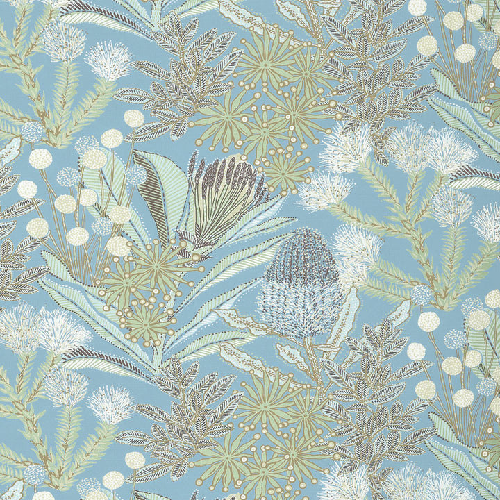 Protea Print Spa Blue F81766  by Thibaut Fabric Thibaut Fabric Protea Print Spa Blue F81766 Fabric SOLEIL U.S.A </p><p>Repeat: H: 27 in (68.58 cm), V: 25.25 (64.14 cm) 54 in  (137.16 cm) - Fabric Carolina -