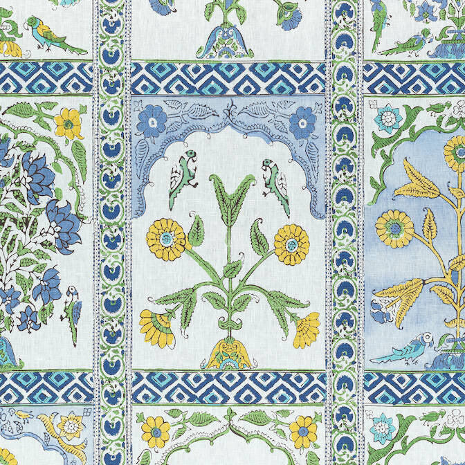 Indian Panel Blue and Yellow F910628 by Thibaut Fabric Thibaut Fabric Indian Panel Blue and Yellow F910628Fabric Ceylon Fabric 100% Linen THAILAND </p><p>Repeat: V: 35 54 - Fabric Carolina -