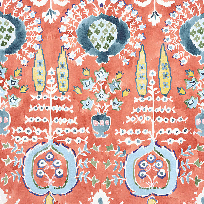Mendoza Suzani Coral F916243 by Thibaut Fabric Thibaut Fabric Mendoza Suzani Coral F916243Fabric Kismet Fabric Book 52% Cotton, 48% Linen ITALY </p><p>Repeat: V: 34 54 - Fabric Carolina -