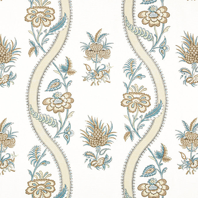 Ribbon Floral Beige and Spa Blue F936425 by Thibaut Fabric Thibaut Fabric Ribbon Floral Beige and Spa Blue F936425Fabric Indienne Fabric Book 100% Cotton UNITED STATES </p><p>Repeat: V: 24 53.5 - Fabric Carolina -