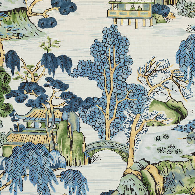 Asian Scenic Blue and Green F975462 by Thibaut Fabric Thibaut Fabric Asian Scenic Blue and Green F975462Fabric Dynasty Fabric Book 60% Linen, 30% Cot, 10% Nylon UNITED KINGDOM </p><p>Repeat: V: 33.5 54 - Fabric Carolina -
