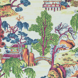 Asian Scenic Coral and Green F975464 by Thibaut Designer Fabric