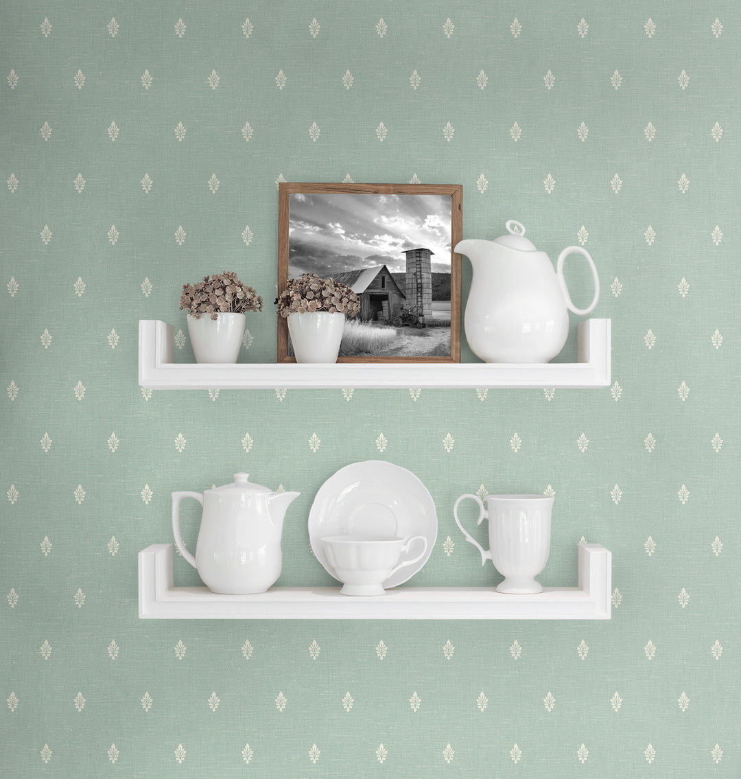 Petite Feuille Sprig Minty Meadow FC60612 by Seabrook Designs Designer Wallpaper