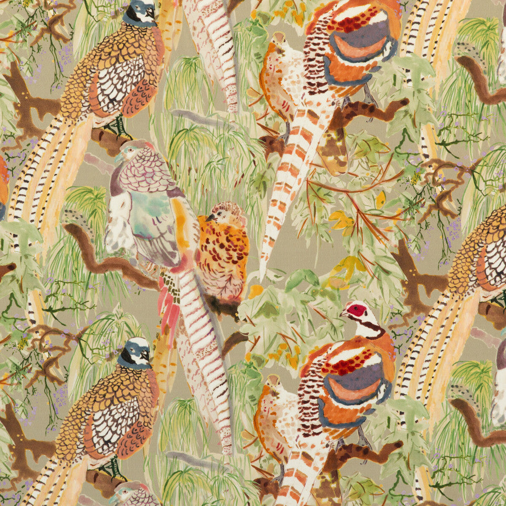 Game Birds Velvet Stone/Multi by Mulberry Designer Fabric BOHEMIAN ROMANCE COTTON - 88%;POLYESTER - 12% Austria HEAVY Horizontal: 26.792 and Vertical: 22.852 53.978 - Swanky Fabrics -
