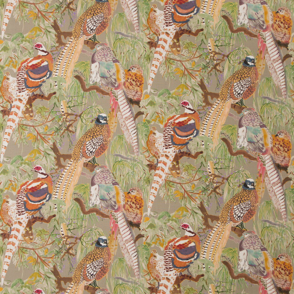 Game Birds Linen Stone/Multi by Mulberry Designer Fabric BOHEMIAN ROMANCE LINEN - 100% Austria HEAVY Horizontal: 28.762 and Vertical: 24.034 57.918 - Swanky Fabrics -