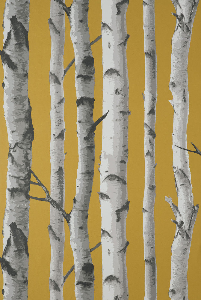 Chester Mustard Birch Trees Wallpaper by Fine Decor Designer Medley Covers about 56.4 square feet 20.5-in by 33-ft long roll Unpasted 20.9 - Swanky Fabrics -