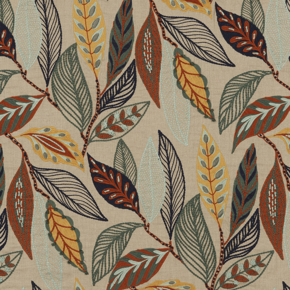 Forest Leaves Indigo/Teal by Mulberry Designer Fabric FESTIVAL LINEN - 100% India MEDIUM Horizontal: 24.822 and Vertical: 29.944 49.644 - Swanky Fabrics -