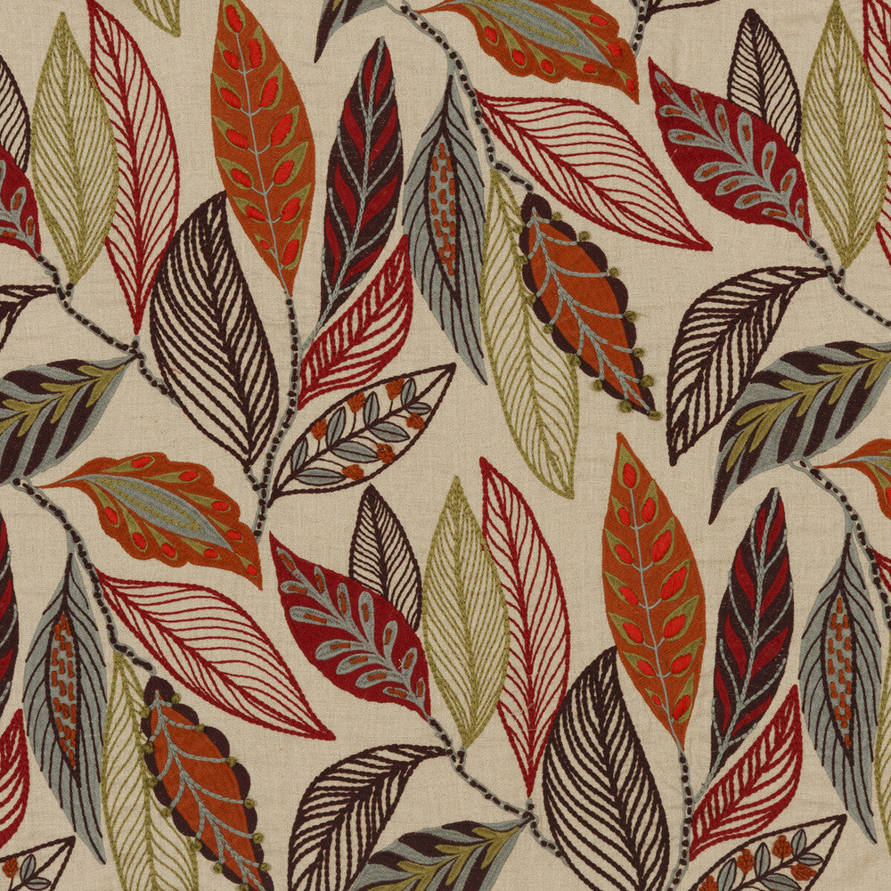 Forest Leaves Red/Plum by Mulberry Designer Fabric FESTIVAL LINEN - 100% India MEDIUM Horizontal: 24.822 and Vertical: 29.944 49.644 - Swanky Fabrics -