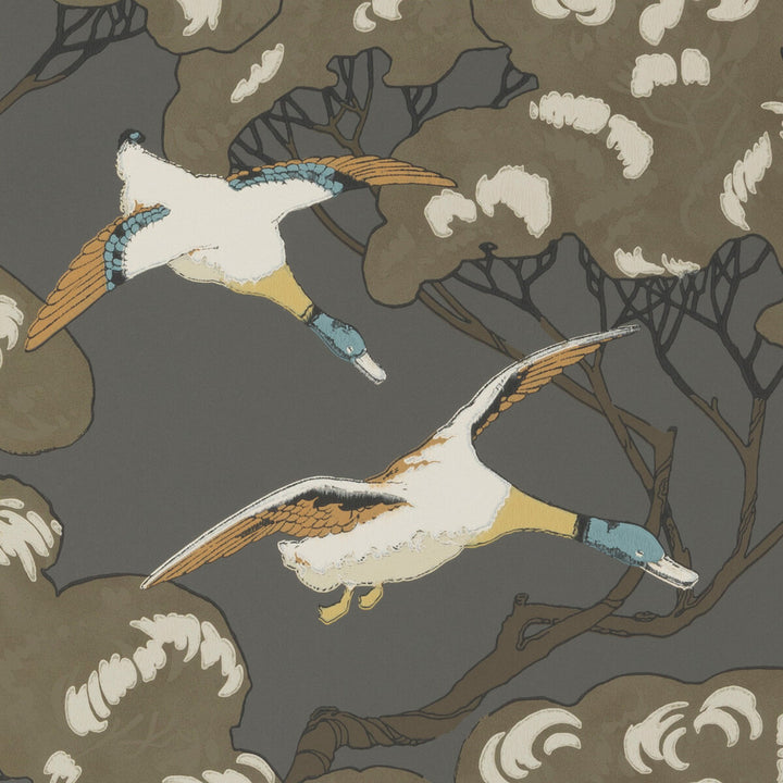 Flying Ducks Charcoal by Mulberry Designer Wallcovering MODERN COUNTRY PAPER - 100% United Kingdom - Horizontal: 20.488 and Vertical: 20.882 20.488 - Swanky Fabrics -