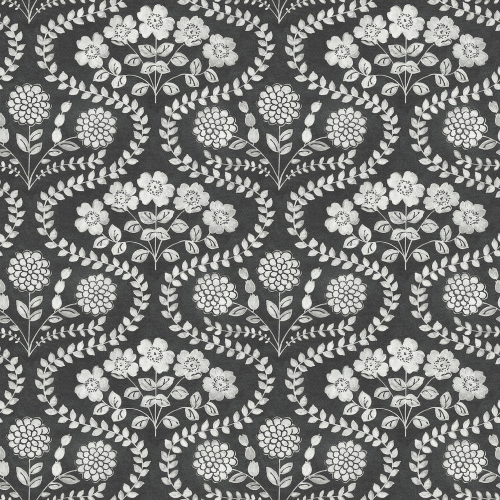 Folksy Floral Black & White Wallpaper by York Wallcoverings Designer Simply Farmhouse Covers about 56.4 square feet 20.5-in by 33-ft long roll Unpasted 20.5 - Swanky Fabrics -
