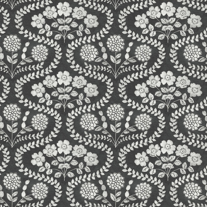 Folksy Floral Black & White Wallpaper by York Wallcoverings Designer Simply Farmhouse Covers about 56.4 square feet 20.5-in by 33-ft long roll Unpasted 20.5 - Swanky Fabrics -