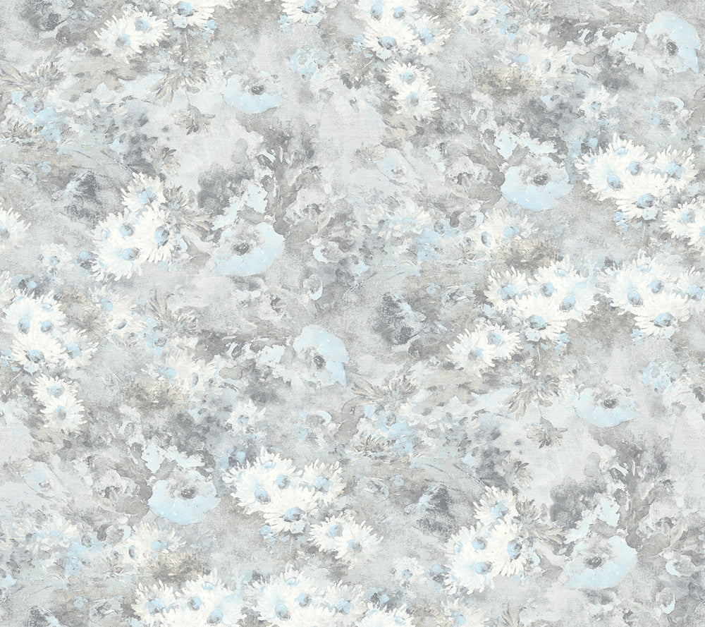 Daisy Metallic Silver and Sky Blue FI71308 by Seabrook Designs Designer Wallpaper