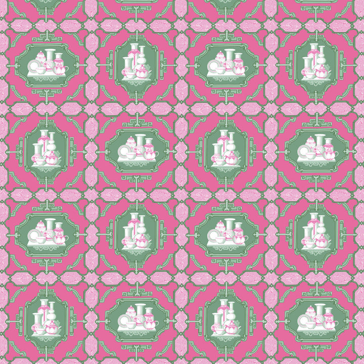 Porcelanas Rosa/Verde by Gaston Y Daniela Designer Fabric GASTON LIBRERIA COTTON - 100% Italy HEAVY Horizontal: 25.61 and Vertical: 24.62 52 - Swanky Fabrics -
